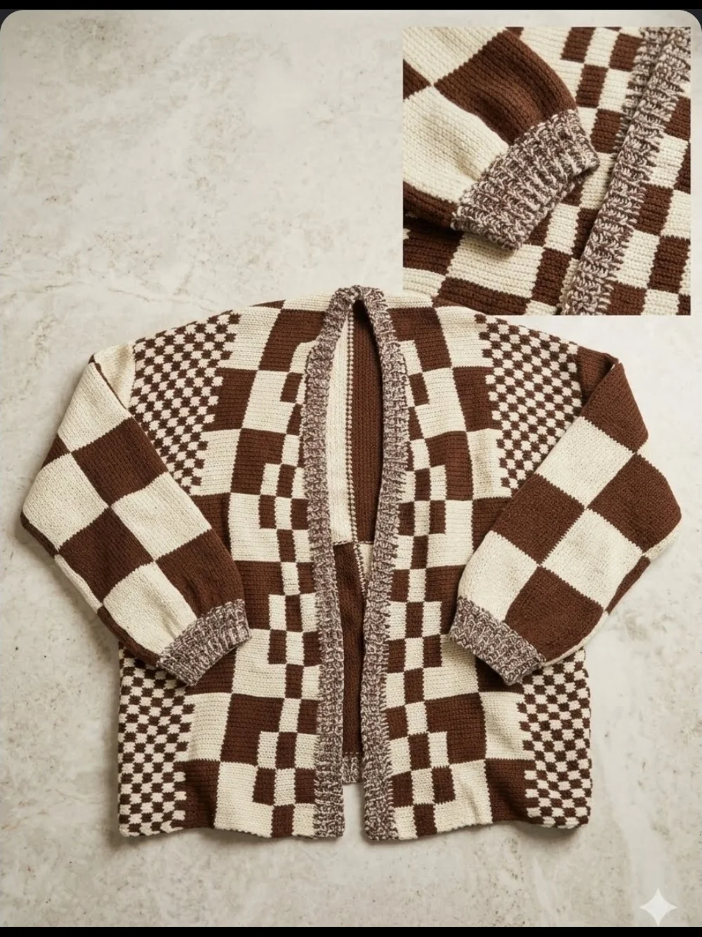 Beautiful brown and cream plaid cardigan, creating a fresh look.szL